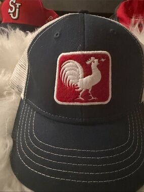 Blue and White Rooster Patch Trucker Cap